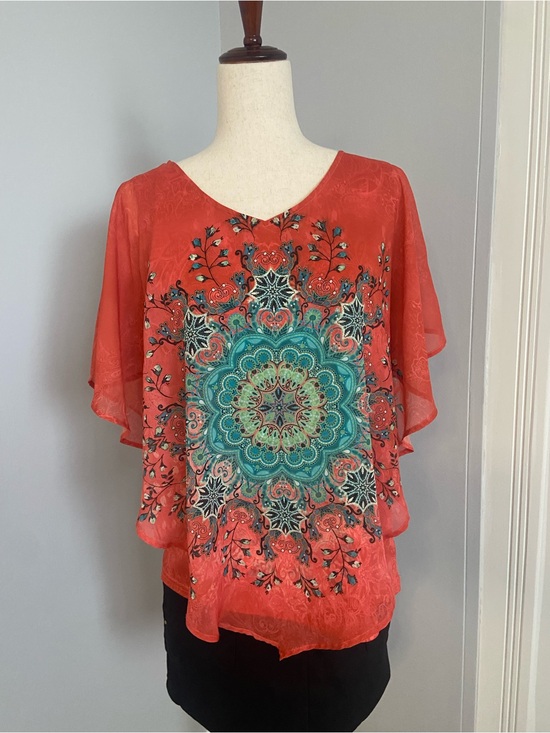 Masseys Tops - Masseys women’s Coral Tunic with kaftan teal Medallion Print with inner L EUC